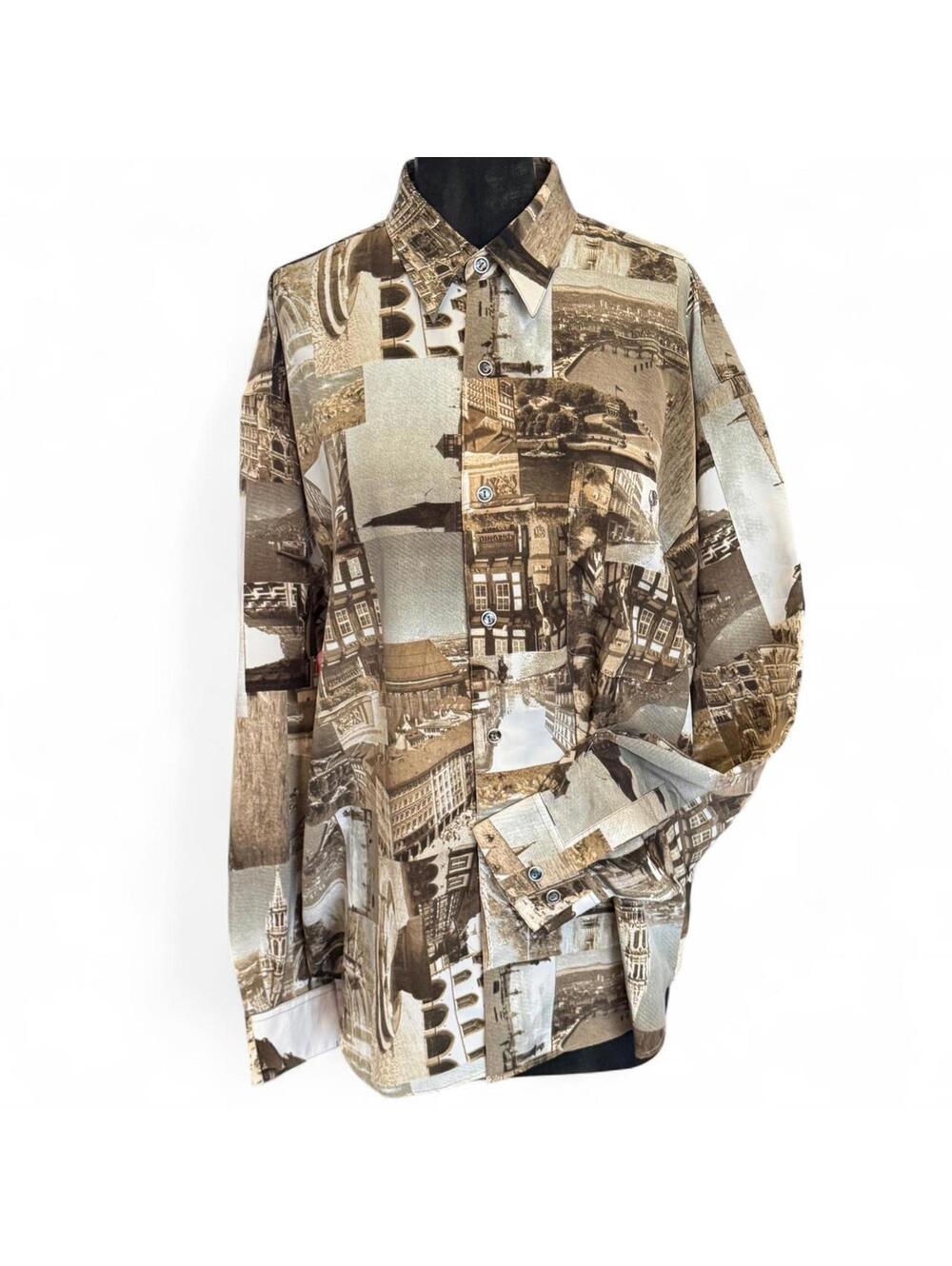 Vintage 90s sepia architectural collage print button-up by Kosino.